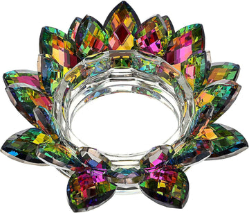 Colorful crystal lotus flower candle holder with decorative glass petals, perfect for votive or tea light candles.